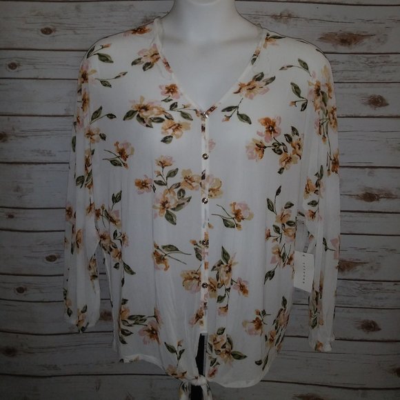 FLORAL PRINT CHIFFON FRONT TIE TOP = SIZE 2X - Picture 1 of 5